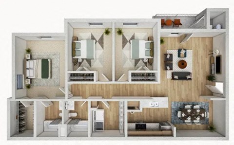 A 3D floor plan of a house with multiple rooms.